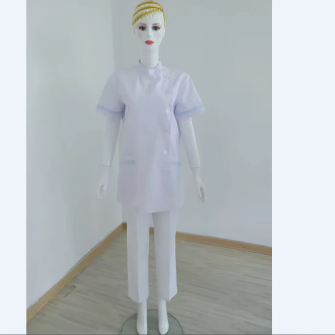 Breathable Unisex White Stand up Collar Nurse Uniform Sets Tops Pants for Healthcare Center Year Polycotton 65 35 Poplin Fabric