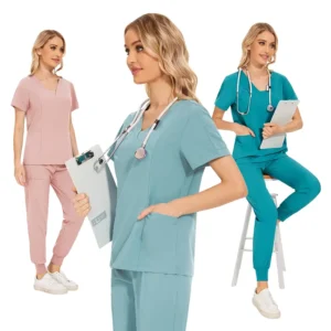 Breathable Women’s Hospital Scrub Set with Short Sleeves and Custom Embroidery