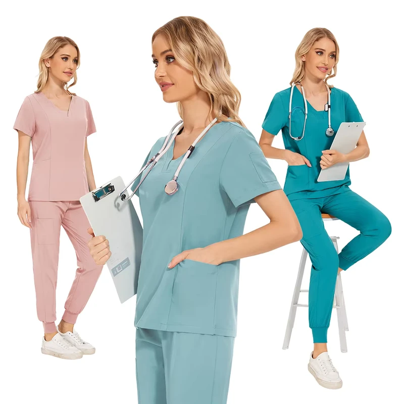 Breathable Women's Hospital Scrub Set with Short Sleeves and Custom Embroidery