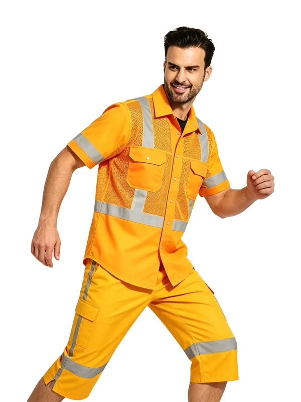 Bright-Yellow-360-Top-and-Pants-Full-Reflective-Workwear-Set-ANSI-Mesh-Uniform-Summer-3-4-Pants-Road-Construction-Safety-Suit