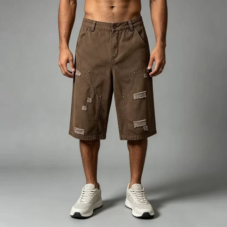 Brown-Heavyweight-Cotton-Twill-Capri-Pants-Distressed-Ripped-with-Metal-Rivets-and-Multi-Panel-Stitching