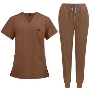 Brown Pullover Nurse Top Uniform Stretch Hospital Jogger Medical Scrub Sets