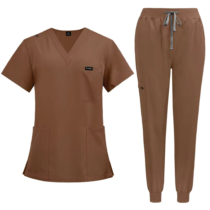 Brown Pullover Nurse Top Uniform Stretch Hospital Jogger Medical Scrub Sets