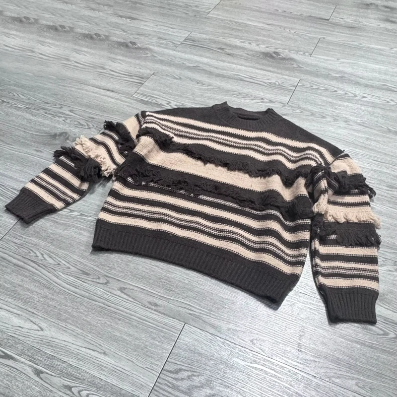 Brushed Striped Streetwear High Quality Retro Round Neck Autumn and Winter Thick Knitted Plus Size Women's Sweater
