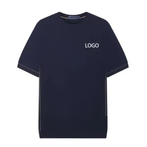Business Casual Navy Blue 100% Cotton Jersey Slim O-Neck Screen-Printed Logo Short-Sleeve T-Shirt