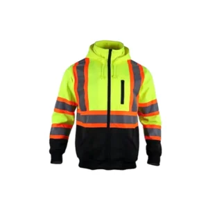 C Hi Vis Polyester Fleece Lining Long Sleeve Safety Sweatshirt Hooded Reflective Sweater with Zipper Customizable Logo