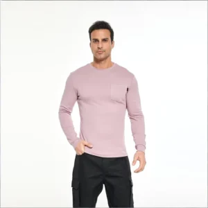 CAT 2 FR Long Sleeve T Shirt for Men Custom Logo Pink Flame Resistant Workwear Pocket Tee Shirt