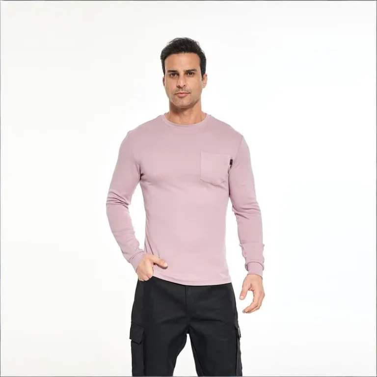 CAT-2-FR-Long-Sleeve-T-Shirt-for-Men-Custom-Logo-Pink-Flame-Resistant-Workwear-Pocket-Tee-Shirt