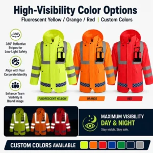 CE Certified ANSI ISEA 107 Class 2 Waterproof Breathable Foldable Fluorescent Reflective Safety Jacket Built in LED Flashlight