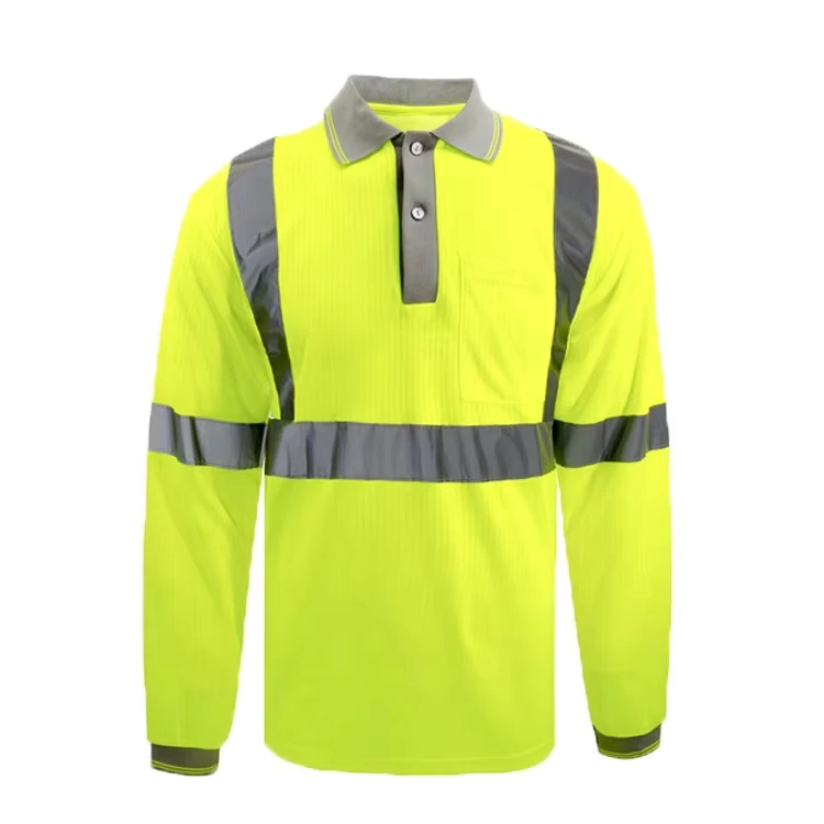 CE EN20471 High Visibility Long Sleeve Polo Shirts Mesh Polyester Construction Reflective Safety Shirts