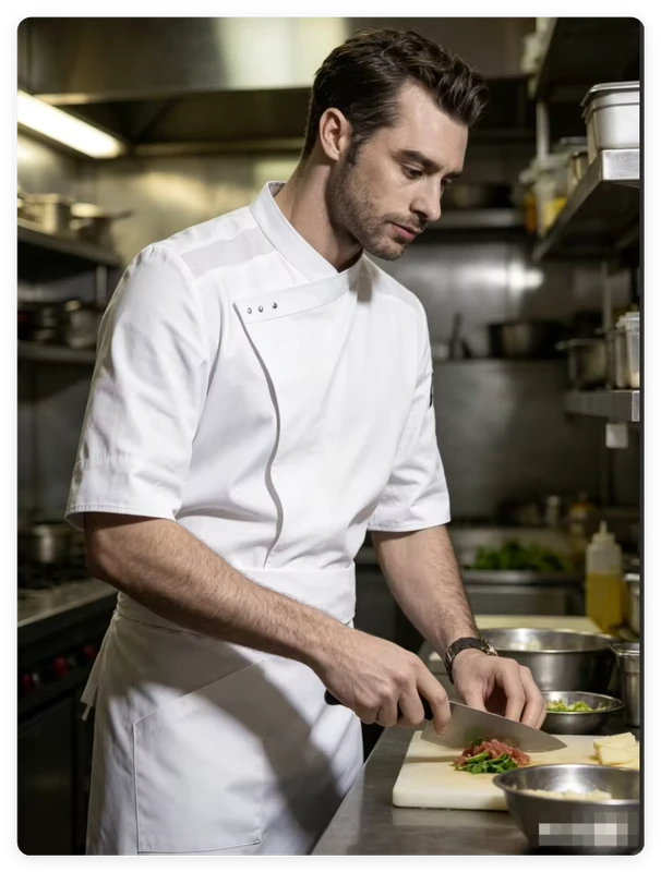 CHECKEDOUT in Stock Poly Cotton Unisex Crossing Collar Half Sleeve Chef Jacket and chef uniform coat