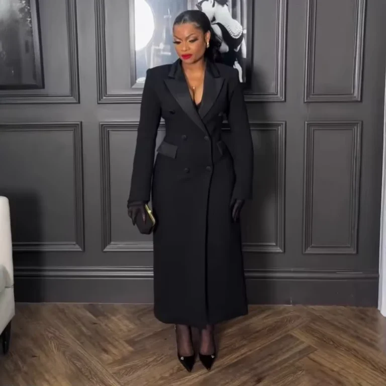 CW10998-V-neck-Suit-Coat-Turndown-Collar-Waist-Hugging-Long-Dress-with-Pockets-Black