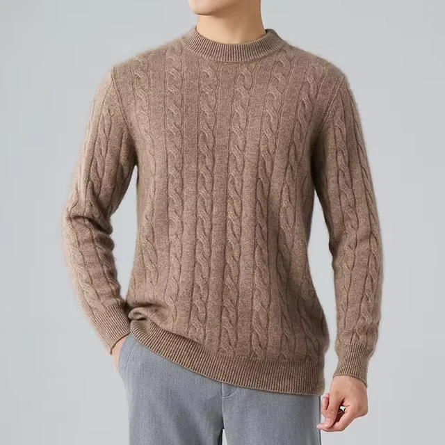 Cable Simple Casual Style Knitted Wool Blend Plain Knit Pullover Cashmere Sweater for Men