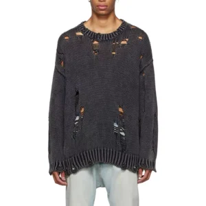 CaiNan Custom LOGO OEM ODM Men’s Ripped Sweater Winter Crew Neck Cotton Knit Distressed Sweater Men