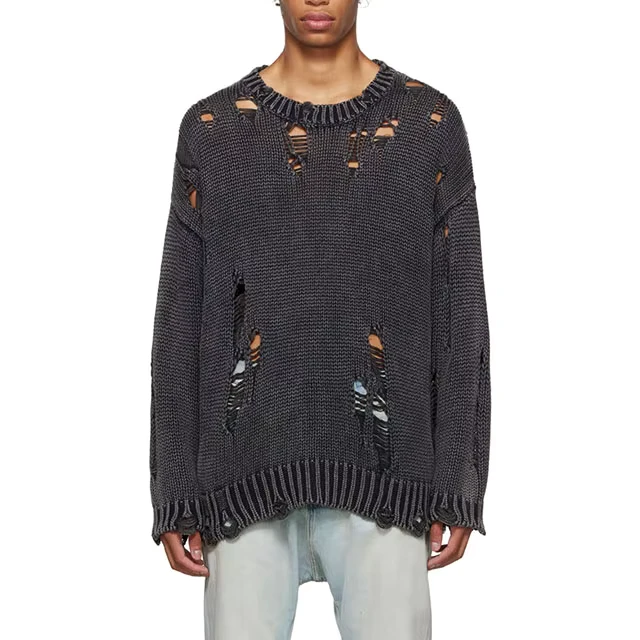 CaiNan-Custom-LOGO-OEM-ODM-Mens-Ripped-Sweater-Winter-Crew-Neck-Cotton-Knit-Distressed-Sweater-Men
