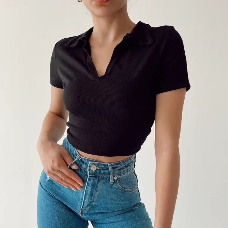 Calvera-Women-Placket-Polo-Tee-Shirt-Ladies-Short-Sleeve-Casual-Crop-Tops-Summer-Rib-Knit-Short-Polo-T-Shirt