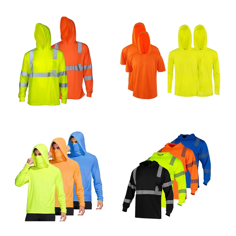 Camisas Manga Larga De Hombre De Trabajo Hi Vis Orange Reflective Dri Fit Construction Work Shirt with Hood