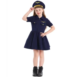 Career Day Girl Cosplay Pilot Costume Dark Blue Pilot Dress Captain Uniform