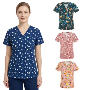 Cartoon Print Contemporary Slim Fit Scrub Lightweight Men Women 4 Way Stretch Fashionable Nursing Uniform for Med Spa and Salon