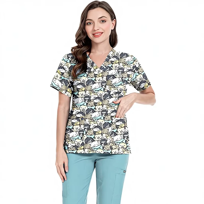 Cartoon Printed Cotton Dobby Fabric Scrub Set for Doctor, Nurse, Pediatric, Dental, and Hospital Workwear