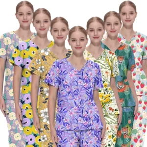 Cartoon Printed Women’s Medical Scrub Top for Nursing and Hospital Work