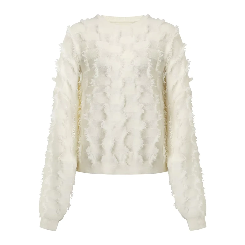 Cashmere Knitwear Fuzzy Rib Knitted Crop Top Tassel Design Custom Solid Fringe Jacquard Pullover Sweater Women