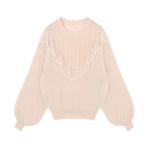 Casual Korean Style Winter Jacquard Knit Women’s Sweater Mohair Material Front Logo Lace O Neck Knitted Top