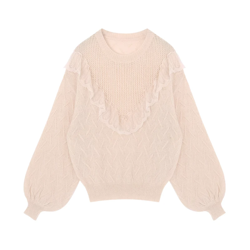 Casual Korean Style Winter Jacquard Knit Women's Sweater Mohair Material Front Logo Lace O Neck Knitted Top