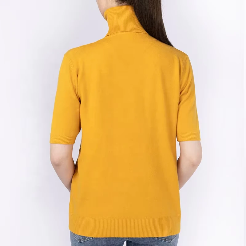 Casual Ladies Solid Color Knitted Turtleneck Short Sleeved Sweater Shirt High Neck Solid Color Sweater Pullover for Women
