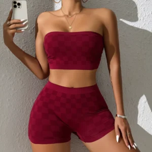 Checkered Strapless Four-Corner Bra and Underwear Set for Women with Single-Layer Design