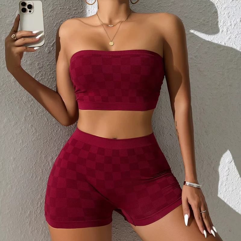 Checkered Strapless Four-Corner Bra and Underwear Set for Women with Single-Layer Design