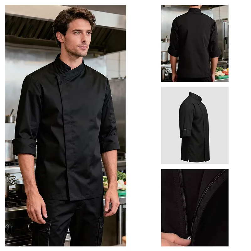 Chef Coat with Roll-Up Long Sleeves Polyester Cotton Unisex Chef Uniform