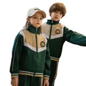 Children’s Dark Green Color Block Zipper Sports Suit School Uniform for Boys and Girls