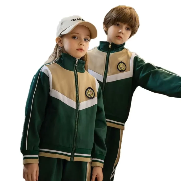 Childrens-Dark-Green-Color-Block-Zipper-Sports-Suit-School-Uniform-for-Boys-and-Girls