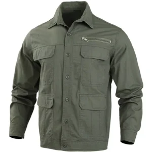 China Supplier Custom Polyester Cotton Uniform Workwear Men’s Long Sleeve Army Green Button-Up Work Jacket
