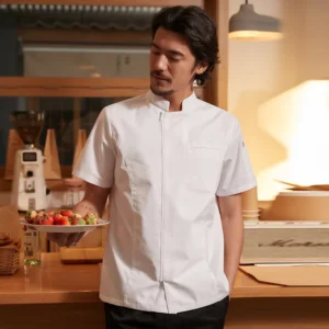 ChuYibang Men’s Chef Work Clothes Tops Upscale Summer New Style Short Sleeve Canvas Zipper Hotel Restaurant Uniforms