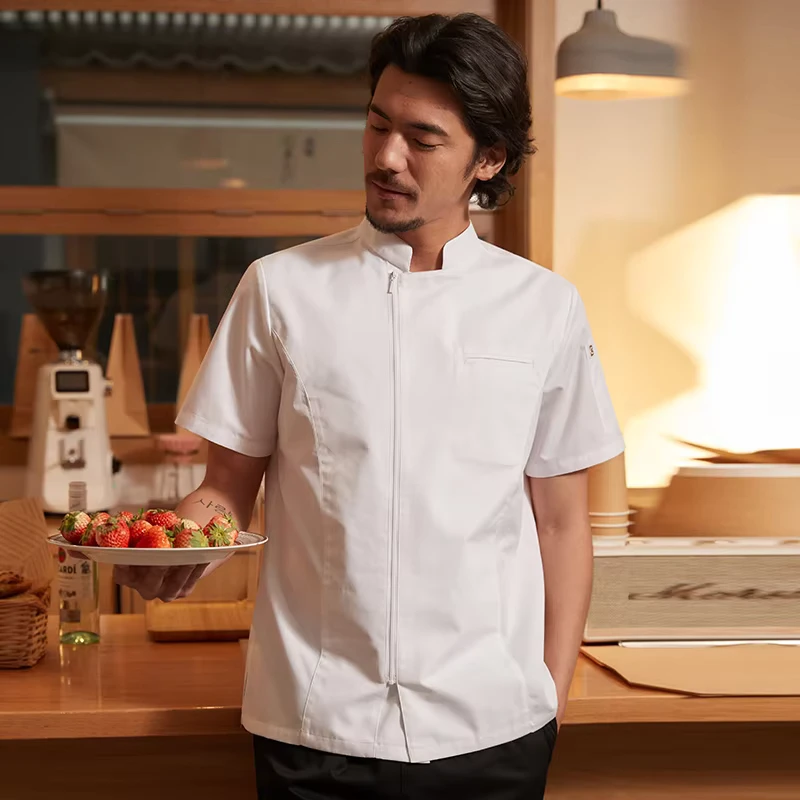 ChuYibang Men's Chef Work Clothes Tops Upscale Summer New Style Short Sleeve Canvas Zipper Hotel Restaurant Uniforms