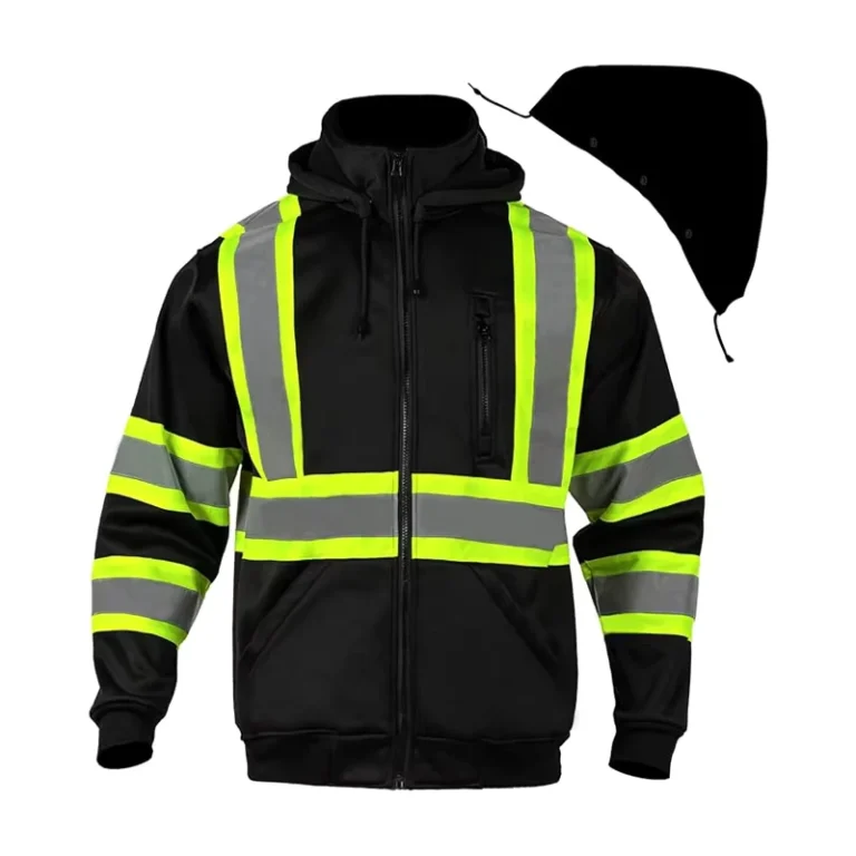 Class-1-Black-High-Visibility-Full-Zip-Fleece-Sweatshirt-with-Detachable-Hood-Work-Safety-Hoodie-Featuring-Customizable-Logo