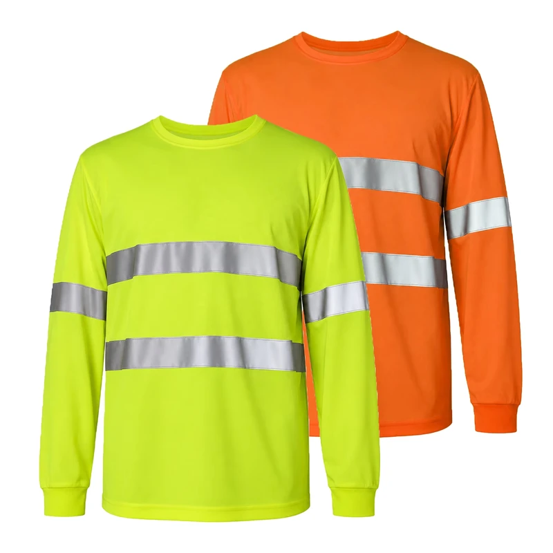 Class 2 Hi Vis Reflective Safety T Shirt Fluorescent Yellow Long Sleeve Birdseye Quick Dry for Construction Workers
