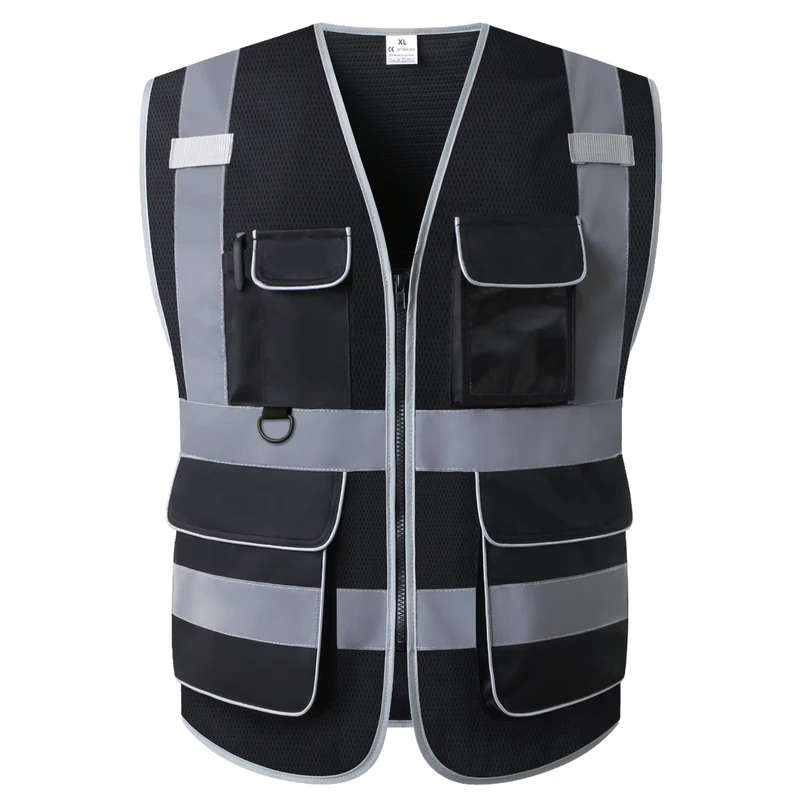 Class 2 High-Visibility Reflective Safety Vest with Reflective Strips and Zipper Front for Construction and Road Work