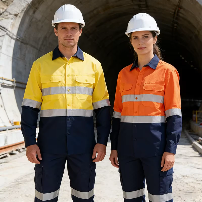 Class 3 EN20471 Cotton Construction Coal Workwear High Visibility Custom Logo Long Sleeve Work Reflective Safety Hi Vis Shirts