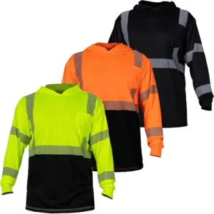 Class 3 Hi Vis Long Sleeve Safety Shirts with Hood for Men ANSI Reflective Machine Wash Work Shirt for Construction