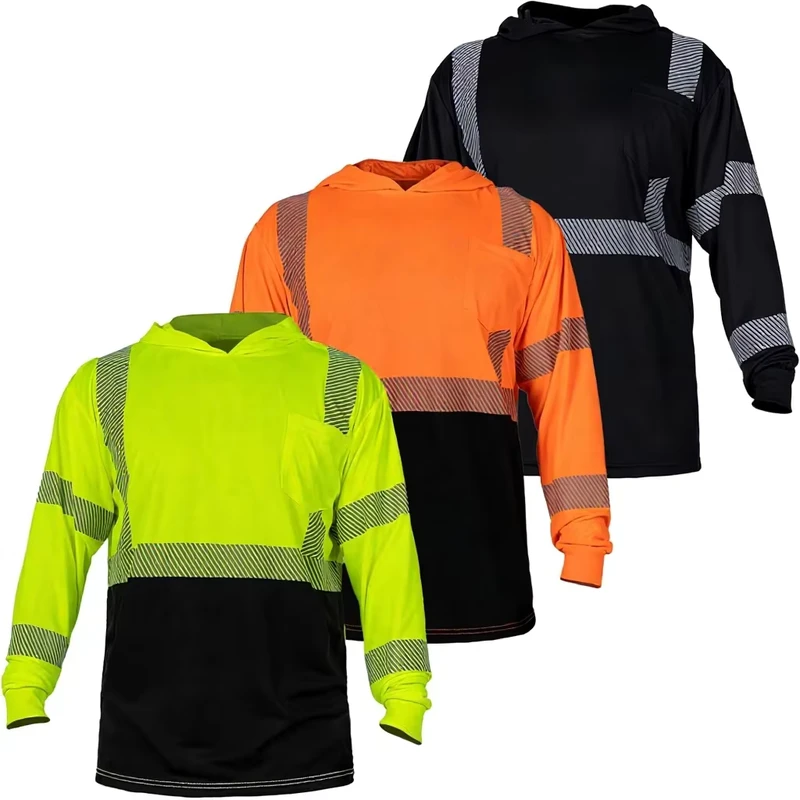 Class 3 Hi Vis Long Sleeve Safety Shirts with Hood for Men ANSI Reflective Machine Wash Work Shirt for Construction