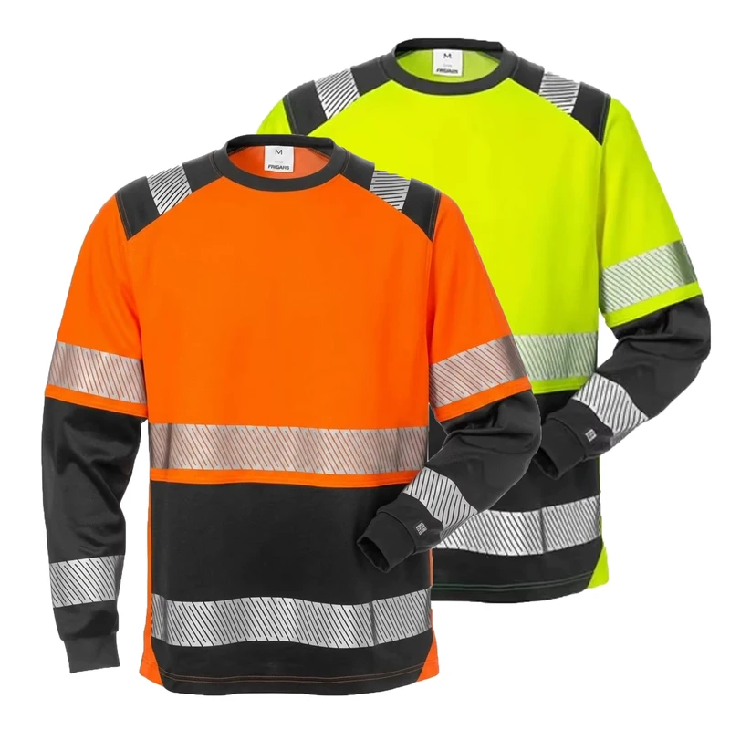 Class 3 Hi Vis Reflective Safety T Shirt Fluorescent Yellow Long Sleeve Birdseye Quick Dry for Construction Workers
