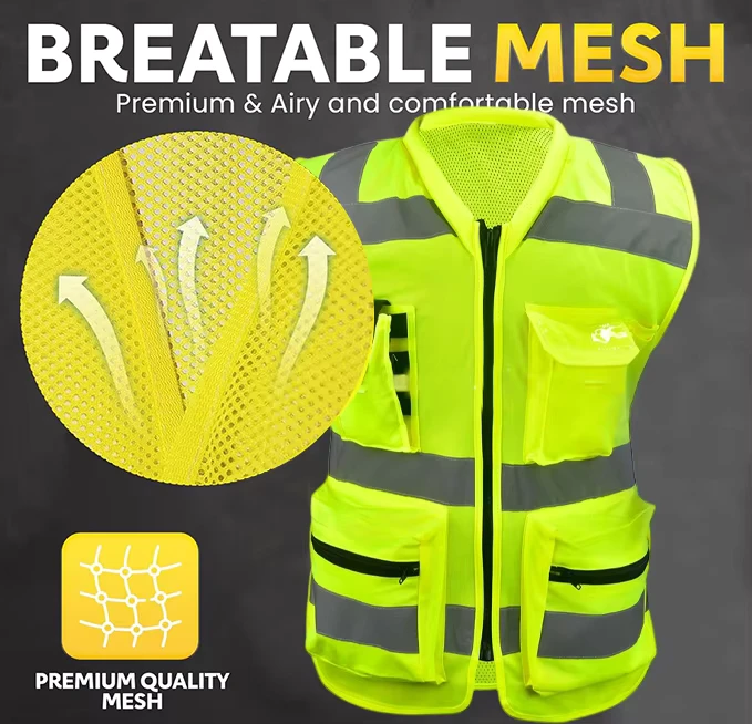 Class 3 Hi Vis Yellow Mesh Pocket Zipper Construction Demolition Site Foreman Custom Logo Reflective Safety Vest