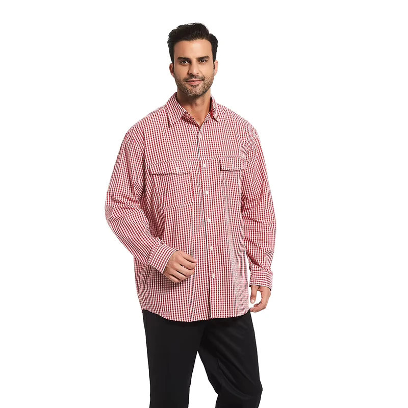 Classic Men's 100% Cotton Long Sleeve Casual Work Shirt Plaid Button Down with Back Fold Spring Embroidered