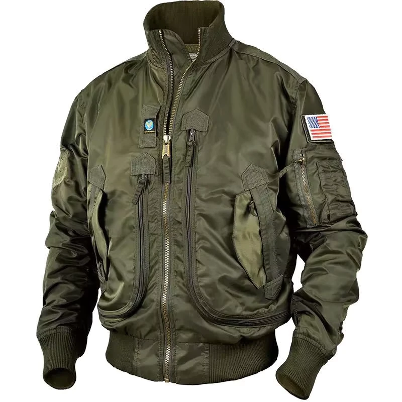 Classic Tactical Unload Pockets Baseball MA1 Pilot Coat Working Cargo Stand Collar Motorcycle Green Bomber Outwear Windbreaker