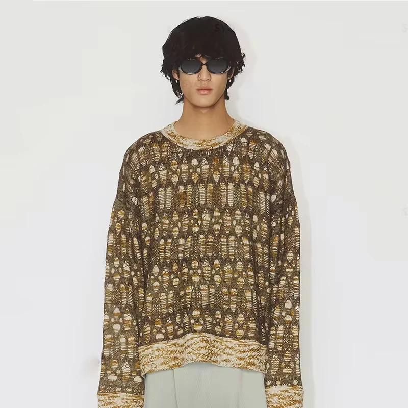 Clothing Custom High Quality Loose Fit Distress Drop Shoulder Fashion Trendy Design Knitted Sweater for Men