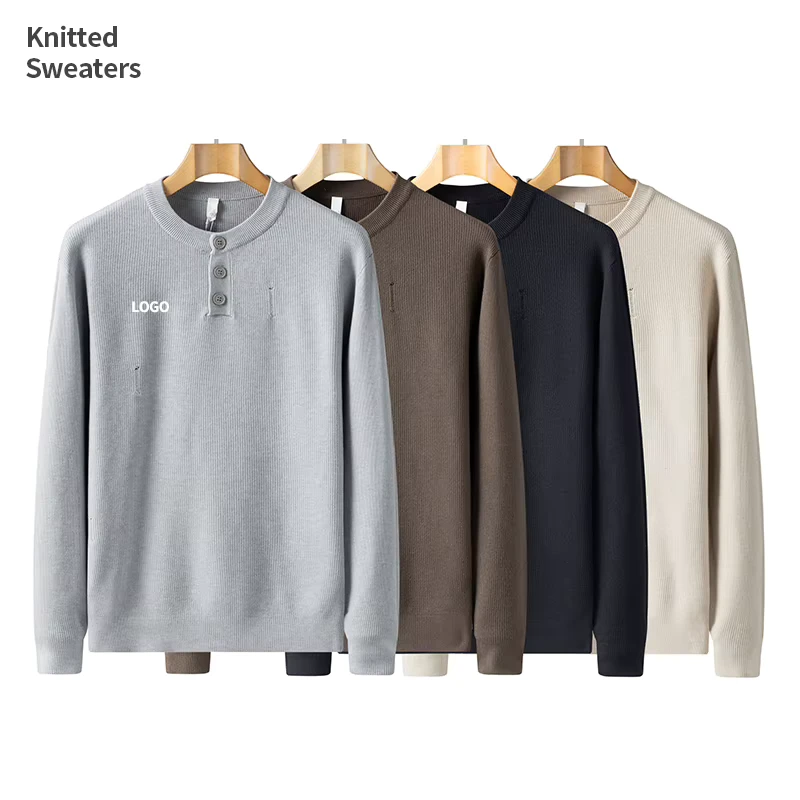 Clothing Manufacturer Custom Men's Henry Collar Distressed Knitted Sweater