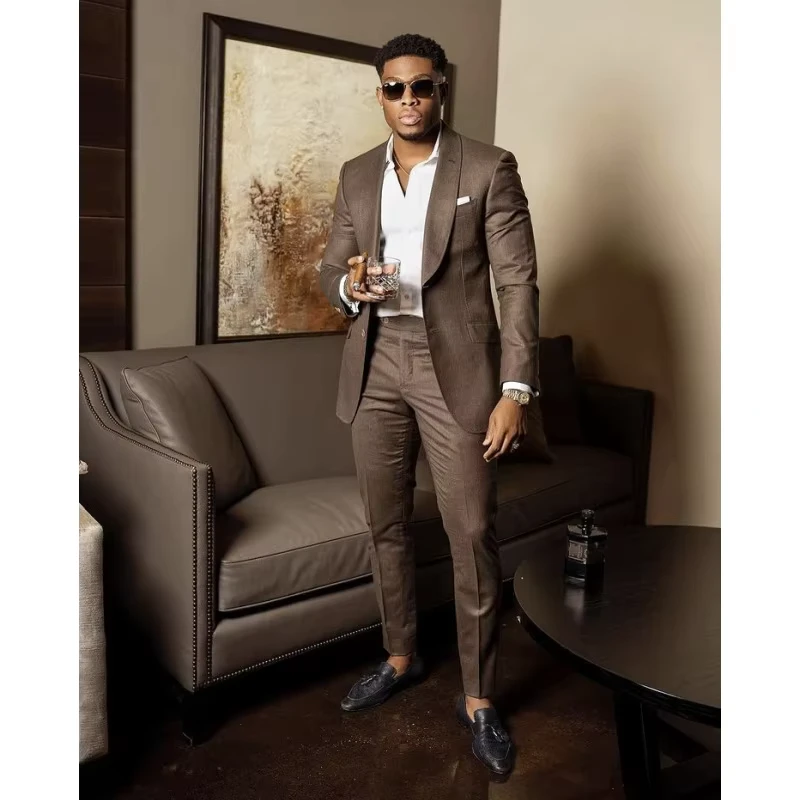 Coffee Coat Pant Men Suit for Wedding Groomsmen Casual Outfit Slim Fit Best Man Blazer Costume Homme 2 Pieces